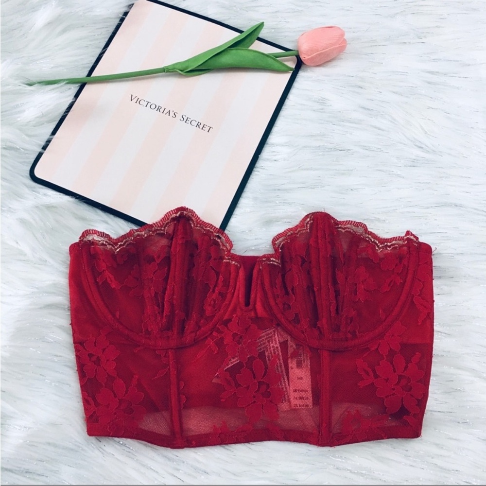 Victorias Secret Dream Angels Gold Red Lace Scalloped Bustier Longline Bra 32D